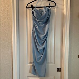Elegant Strapless Blue Draped Dress